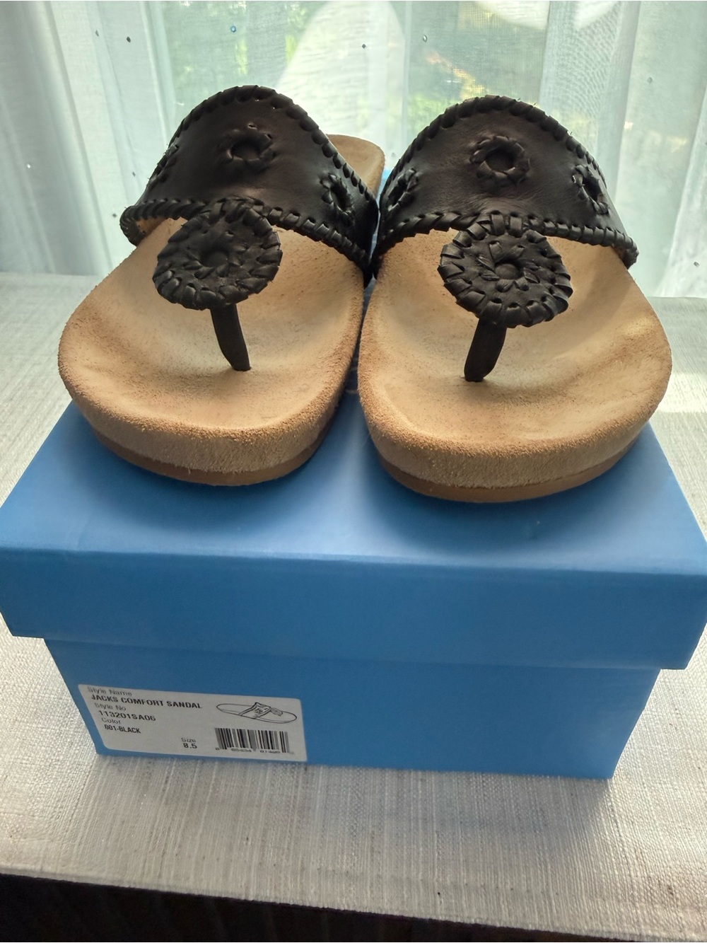 Braided Jack Rogers Comfort Leather Toe-Post Sandals in Black 8.5